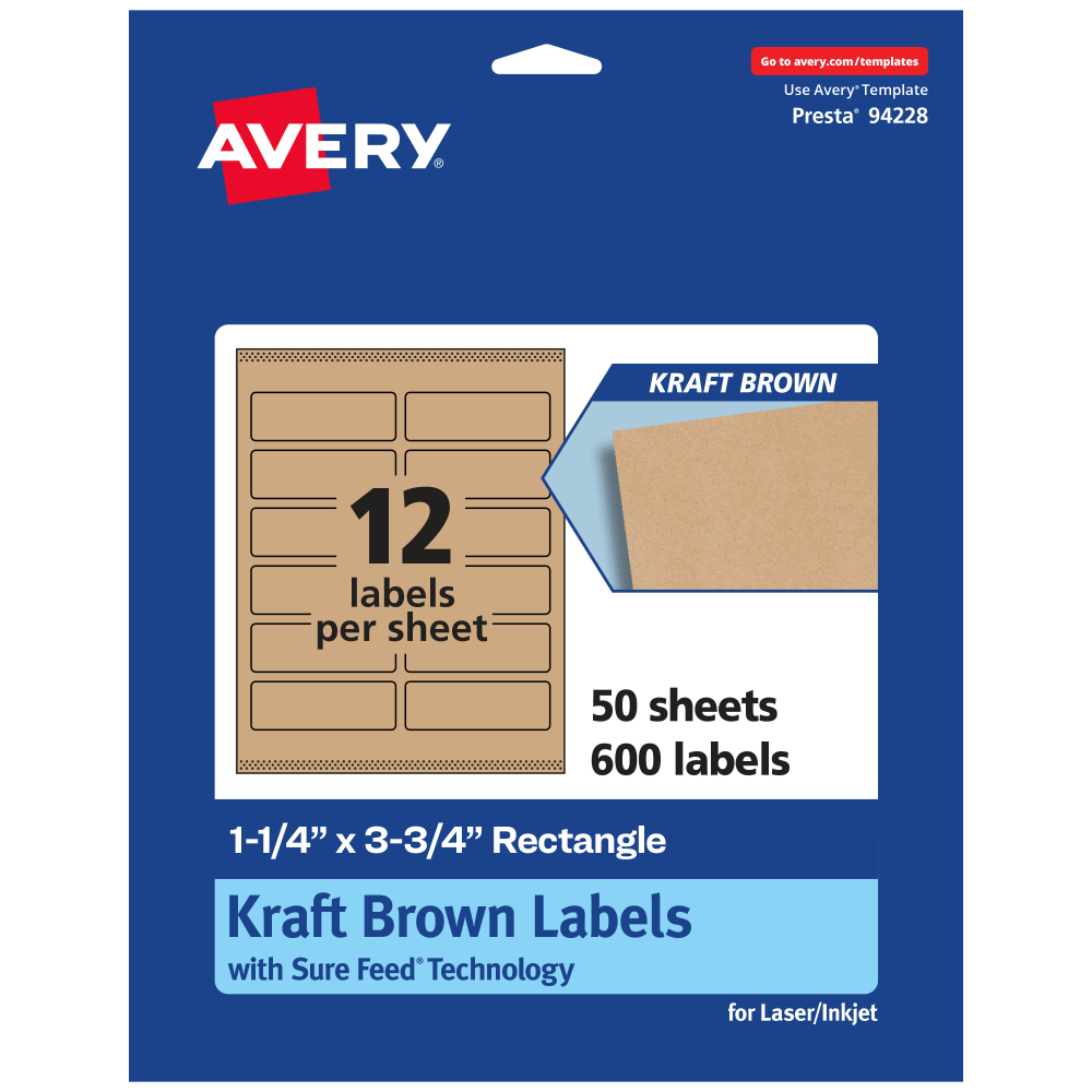Avery Kraft Permanent Labels With Sure Feed, 94228-KMP50, Rectangle, 1-1/4in x 3-3/4in, Brown, Pack Of 600 MPN:94228-KMP50