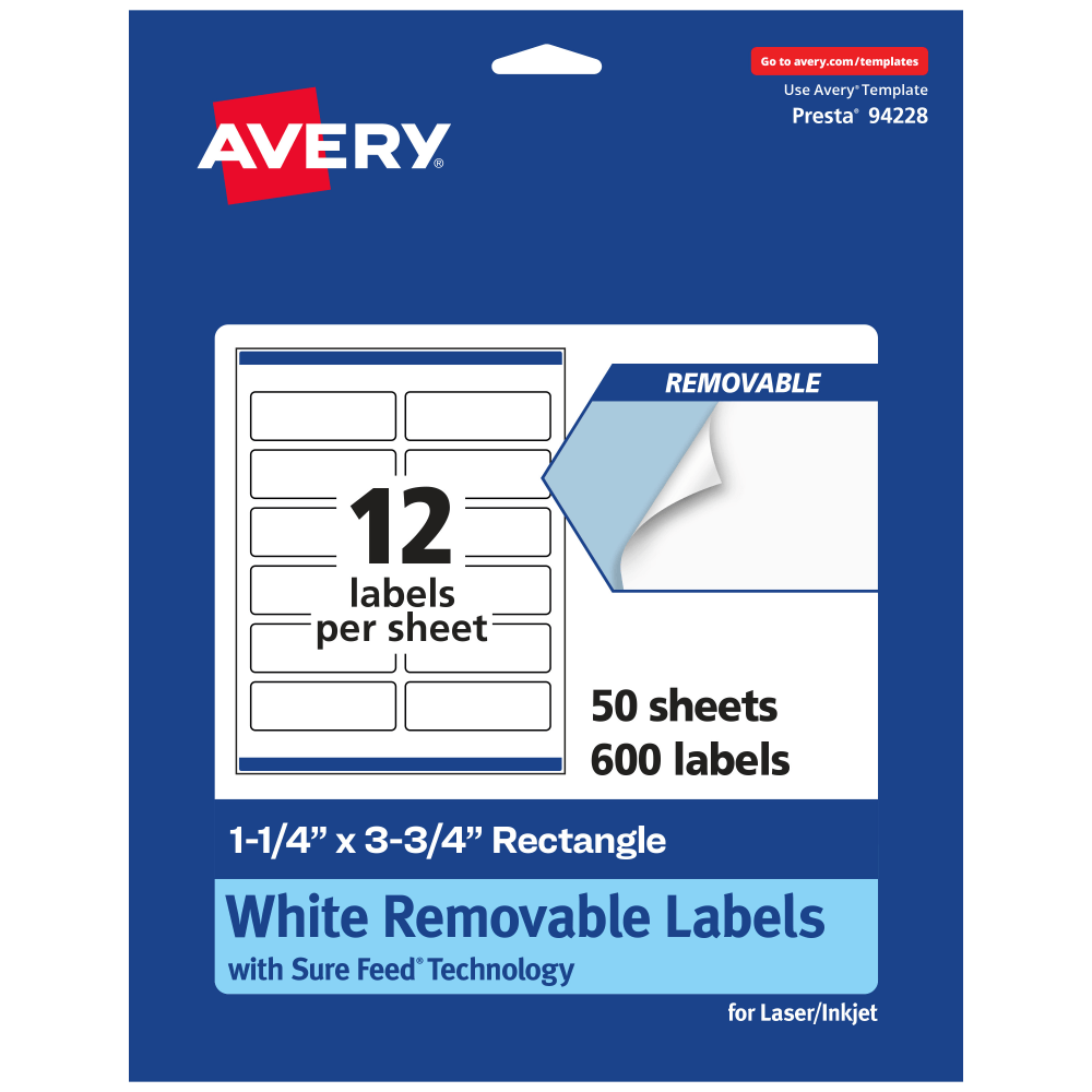 Avery Removable Labels With Sure Feed, 94228-RMP50, Rectangle, 1-1/4in x 3-3/4in, White, Pack Of 600 Labels MPN:94228-RMP50