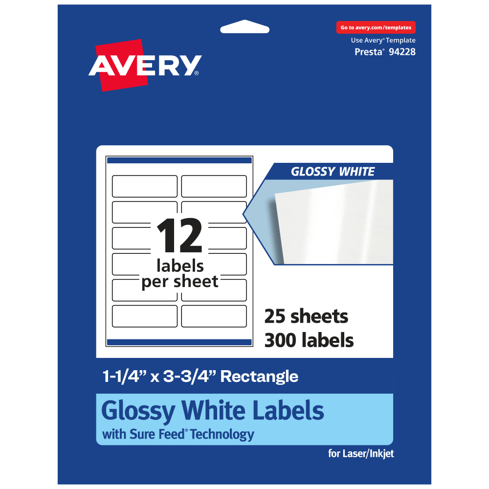 Avery Glossy Permanent Labels With Sure Feed, 94228-WGP25, Rectangle, 1-1/4in x 3-3/4in, White, Pack Of 300 MPN:94228-WGP25