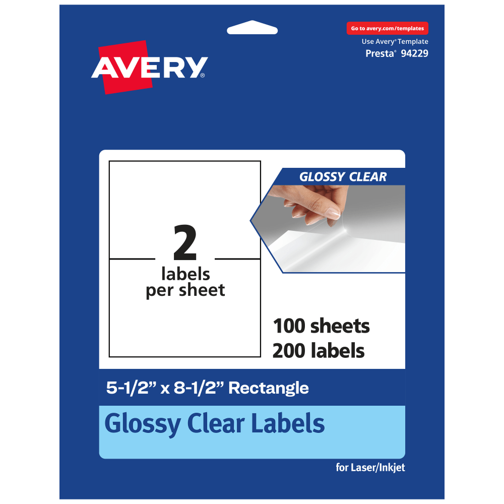 Avery Glossy Permanent Labels, 94229-CGF100, Rectangle, 5-1/2in x 8-1/2in, Clear, Pack Of 200 MPN:94229-CGF100