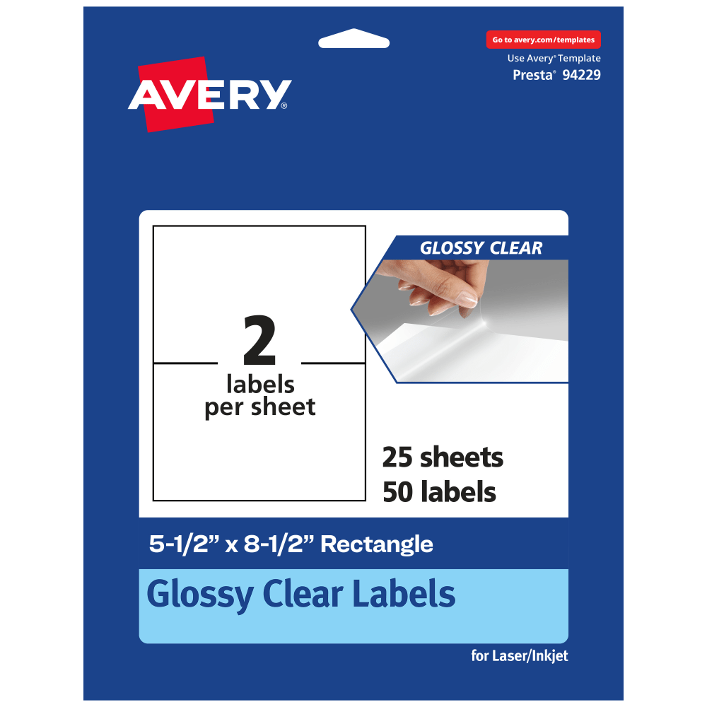 Avery Glossy Permanent Labels, 94229-CGF25, Rectangle, 5-1/2in x 8-1/2in, Clear, Pack Of 50 MPN:94229-CGF25