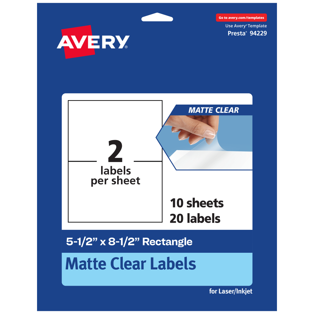 Avery Permanent Labels, 94229-CMF10, Rectangle, 5-1/2in x 8-1/2in, Matte Clear, Pack Of 20 MPN:94229-CMF10