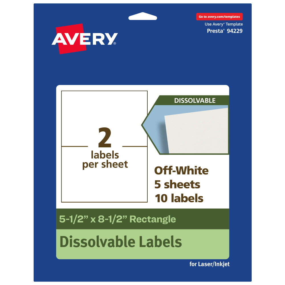 Avery Dissolvable Labels, 94229-DWMP5, Rectangle, 5-1/2inx8-1/2in, Matte Off-White, Pack Of 10 MPN:94229-DWMP5