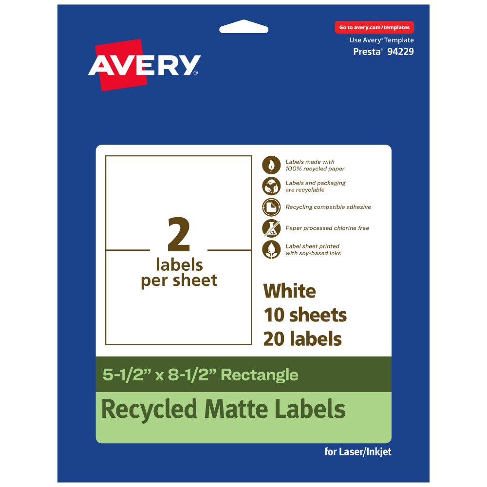Avery Recycled Paper Labels, 94229-EWMP10, Rectangle, 5-1/2in x 8-1/2in, White, Pack Of 20 MPN:94229-EWMP10