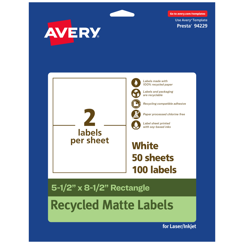 Avery Recycled Paper Labels, 94229-EWMP50, Rectangle, 5-1/2in x 8-1/2in, White, Pack Of 100 MPN:94229-EWMP50