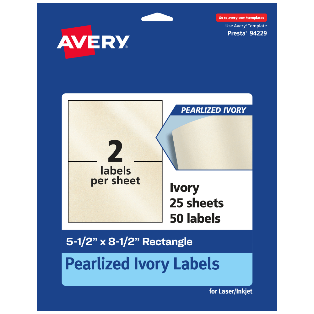 Avery Pearlized Permanent Labels, 94229-PIP25, Rectangle, 5-1/2in x 8-1/2in, Ivory, Pack Of 50 Labels MPN:94229-PIP25