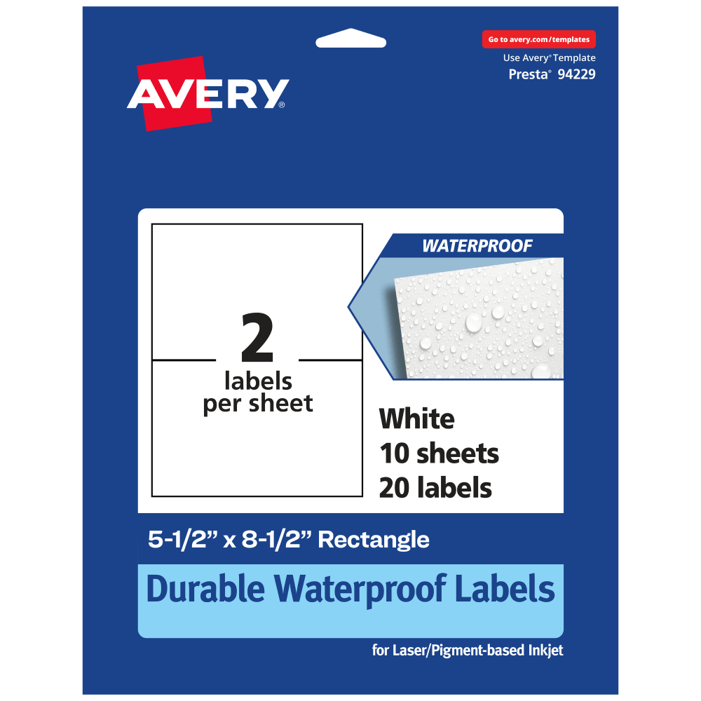 Avery Waterproof Permanent Labels, 94229-WMF10, Rectangle, 5-1/2in x 8-1/2in, White, Pack Of 20 MPN:94229-WMF10