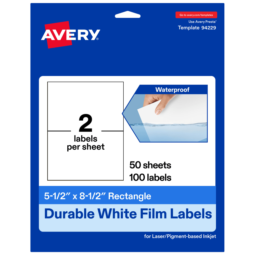 Avery Waterproof Permanent Labels, 94229-WMF50, Rectangle, 5-1/2in x 8-1/2in, White, Pack Of 100 MPN:94229-WMF50