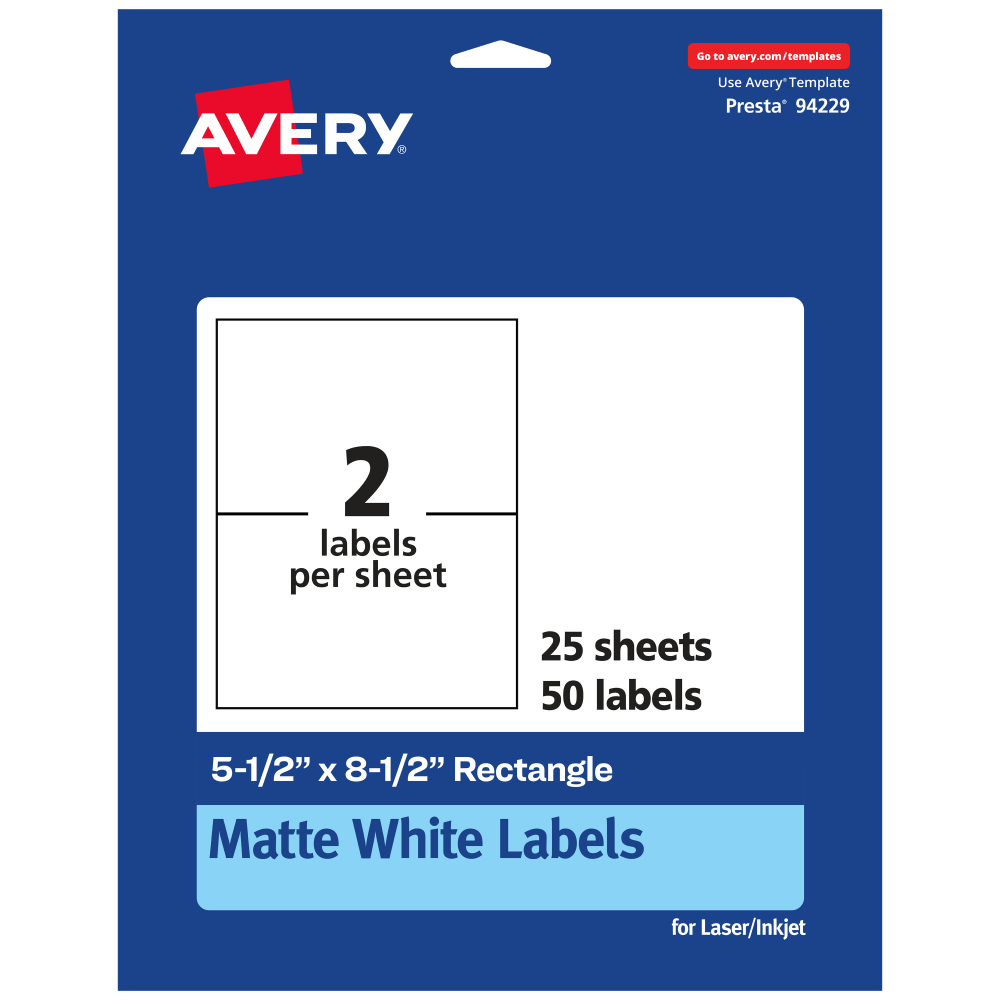 Avery Permanent Labels, 94229-WMP25, Rectangle, 5-1/2in x 8-1/2in, White, Pack Of 50 MPN:94229-WMP25