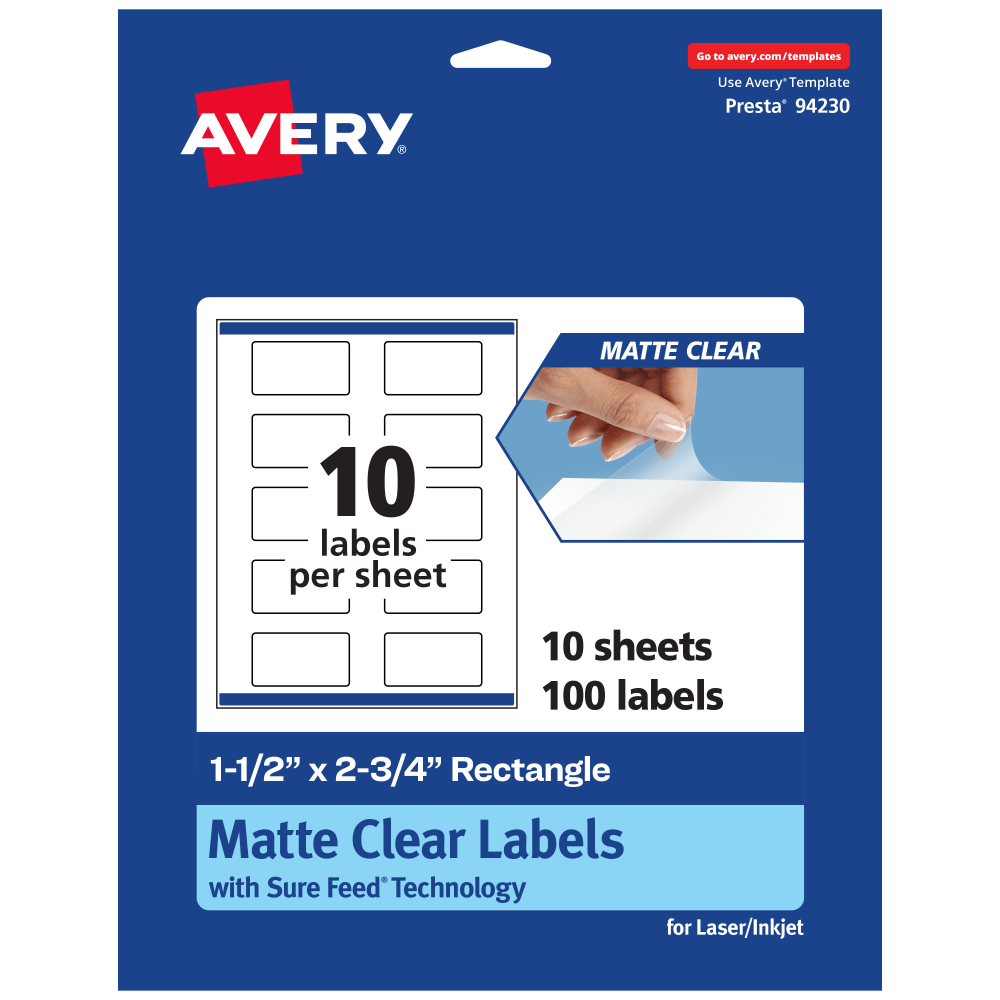 Avery Permanent Labels With Sure Feed, 94230-CMF10, Rectangle, 1-1/2in x 2-3/4in, Matte Clear, Pack Of 100 MPN:94230-CMF10