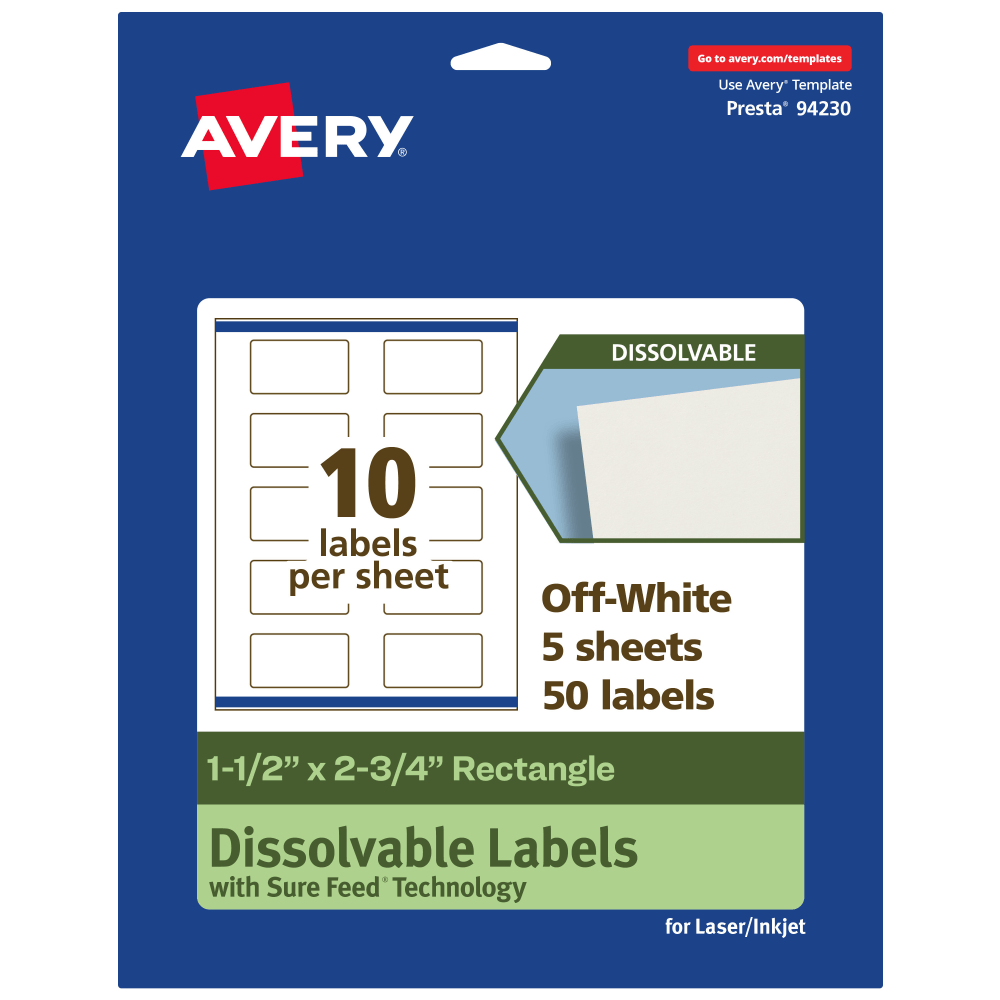 Avery Print-to-the-Edge Dissolvable Labels With Sure Feed Technology, 94230-DWMP5, Rectangle, 1-1/2inx2-3/4in, Matte Off-White, Pack Of 50 MPN:94230-DWMP5
