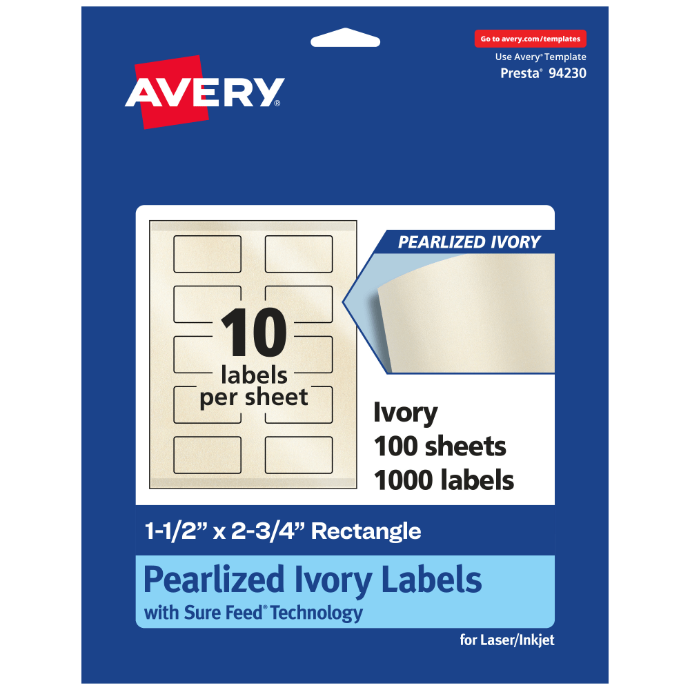 Avery Pearlized Permanent Labels With Sure Feed, 94230-PIP100, Rectangle, 1-1/2in x 2-3/4in, Ivory, Pack Of 1, 000 Labels MPN:94230-PIP100