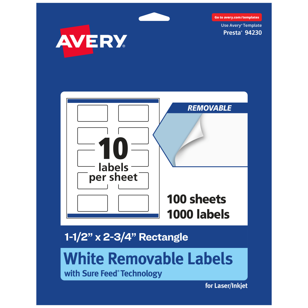 Avery Removable Labels With Sure Feed, 94230-RMP100, Rectangle, 1-1/2in x 2-3/4in, White, Pack Of 1, 000 Labels MPN:94230-RMP100