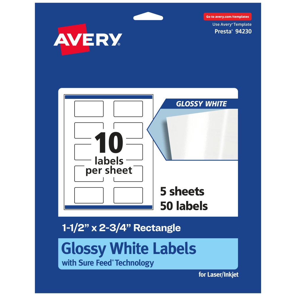 Avery Glossy Permanent Labels With Sure Feed, 94230-WGP5, Rectangle, 1-1/2in x 2-3/4in, White, Pack Of 50 MPN:94230-WGP5