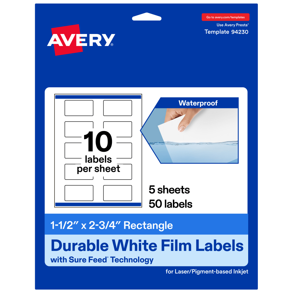 Avery Waterproof Permanent Labels With Sure Feed, 94230-WMF5, Rectangle, 1-1/2in x 2-3/4in, White, Pack Of 50 MPN:94230-WMF5