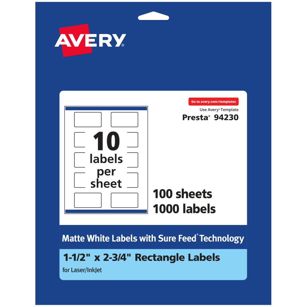Avery Permanent Labels With Sure Feed, 94230-WMP100, Rectangle, 1-1/2in x 2-3/4in, White, Pack Of 1, 000 MPN:94230-WMP100