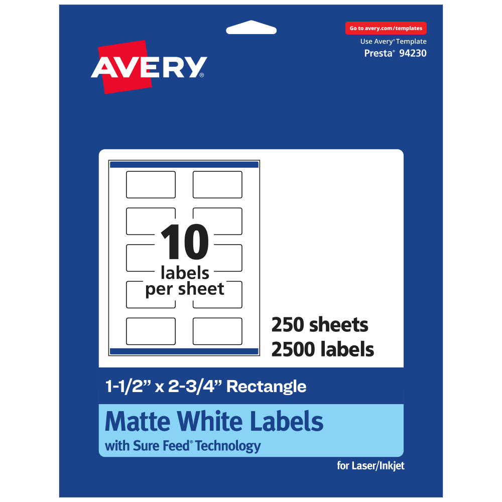 Avery Permanent Labels With Sure Feed, 94230-WMP250, Rectangle, 1-1/2in x 2-3/4in, White, Pack Of 2, 500 MPN:94230-WMP250