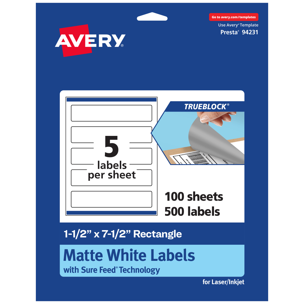 Avery Print-To-The-Edge TrueBlock Labels With Sure Feed, 94231-TWMP100, Rectangle, 1-1/2in x 7-1/2in, Matte White, Pack Of 500 MPN:94231-TWMP100