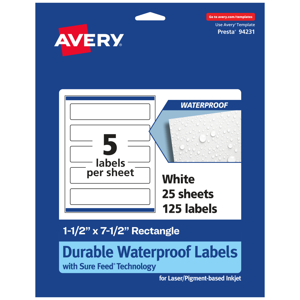 Avery Waterproof Permanent Labels With Sure Feed, 94231-WMF25, Rectangle, 1-1/2in x 7-1/2in, White, Pack Of 125 MPN:94231-WMF25