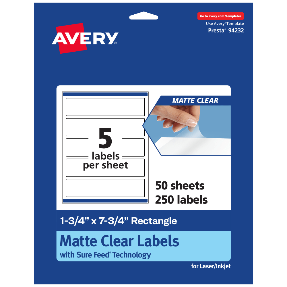 Avery Permanent Labels With Sure Feed, 94232-CMF50, Rectangle, 1-3/4in x 7-3/4in, Matte Clear, Pack Of 250 MPN:94232-CMF50