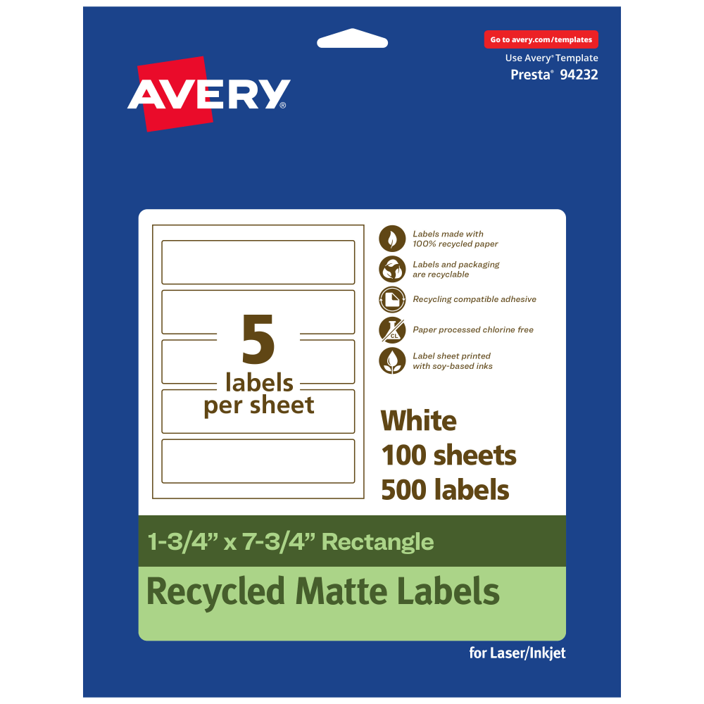 Avery Recycled Paper Labels, 94232-EWMP100, Rectangle, 1-3/4in x 7-3/4in, White, Pack Of 500 MPN:94232-EWMP100