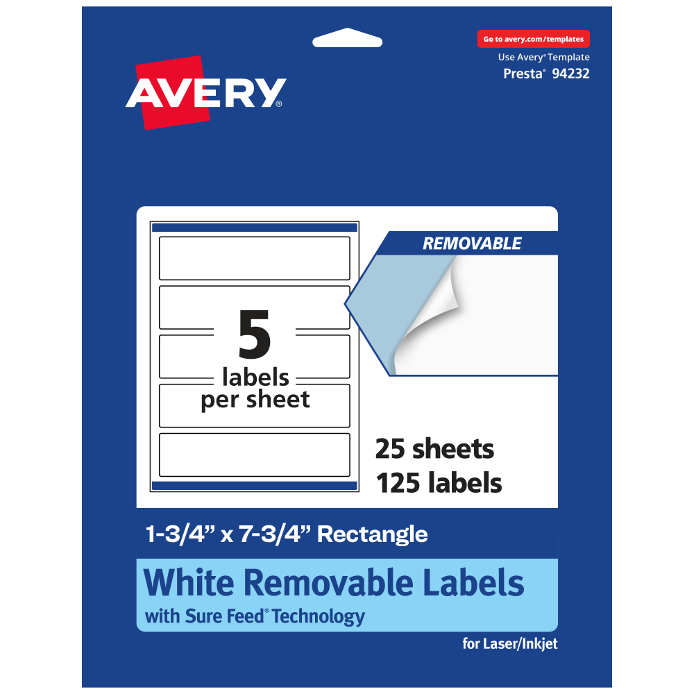 Avery Removable Labels With Sure Feed, 94232-RMP25, Rectangle, 1-3/4in x 7-3/4in, White, Pack Of 125 Labels MPN:94232-RMP25