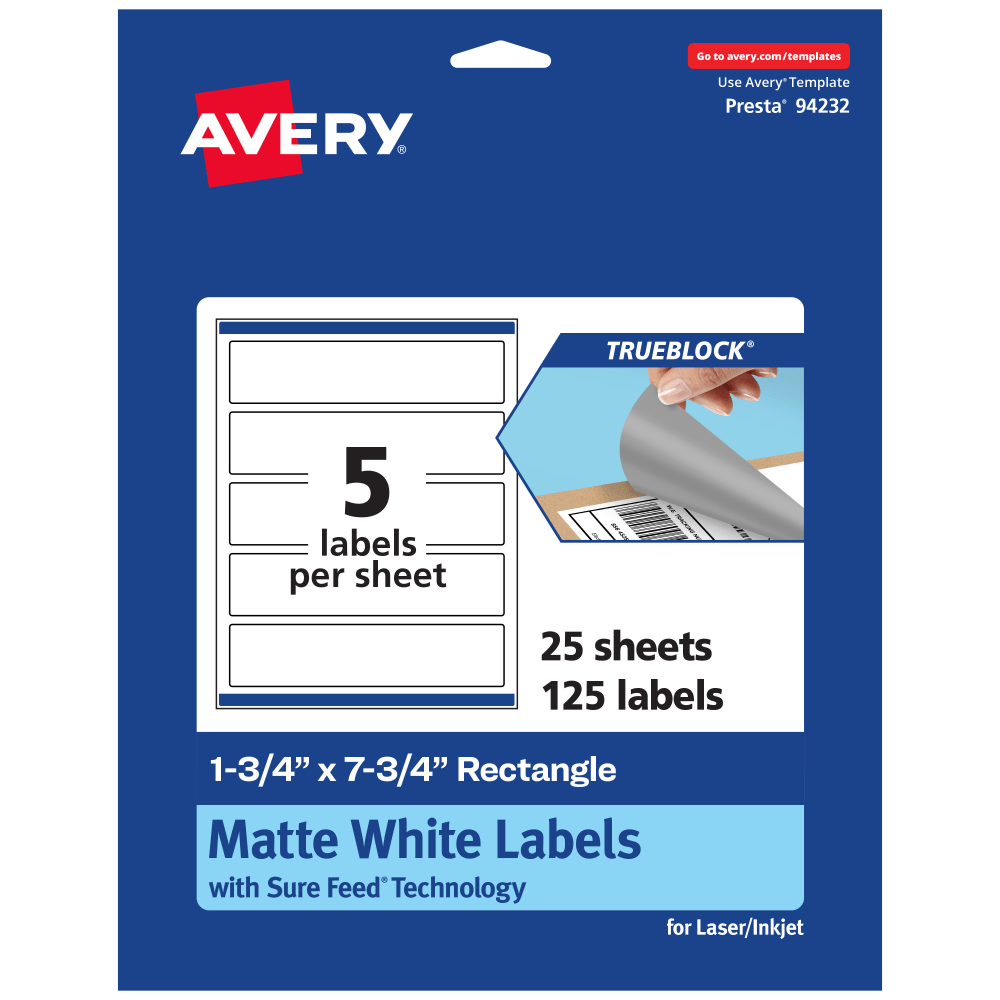 Avery Print-To-The-Edge TrueBlock Labels With Sure Feed, 94232-TWMP25, Rectangle, 1-3/4in x 7-3/4in, Matte White, Pack Of 125 MPN:94232-TWMP25