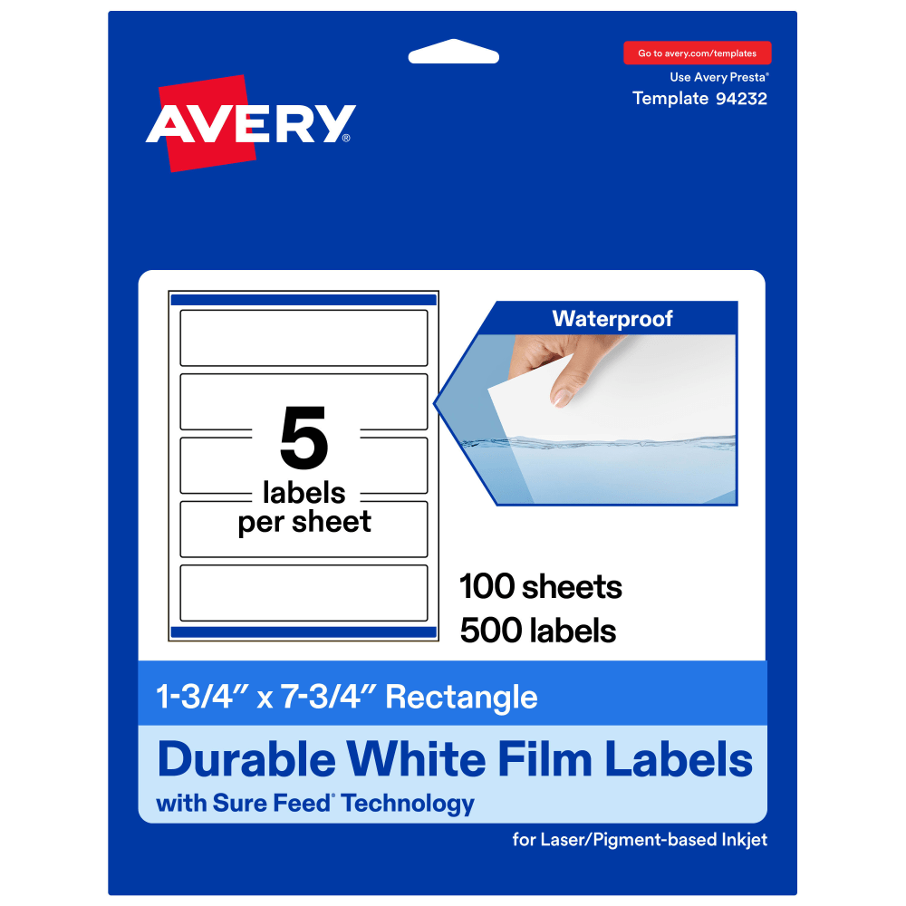 Avery Waterproof Permanent Labels With Sure Feed, 94232-WMF100, Rectangle, 1-3/4in x 7-3/4in, White, Pack Of 500 MPN:94232-WMF100