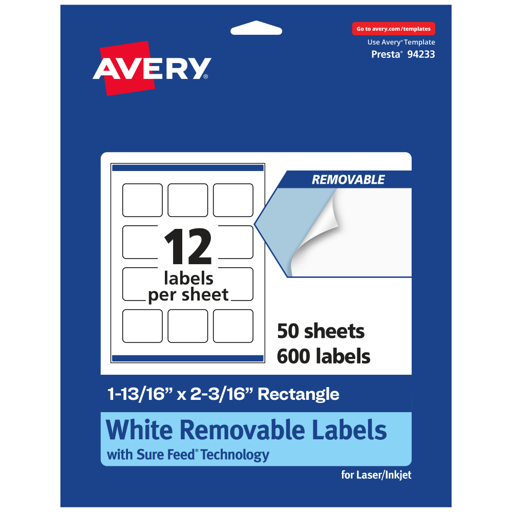 Avery Removable Labels With Sure Feed, 94233-RMP50, Rectangle, 1-13/16in x 2-3/16in, White, Pack Of 600 Labels MPN:94233-RMP50