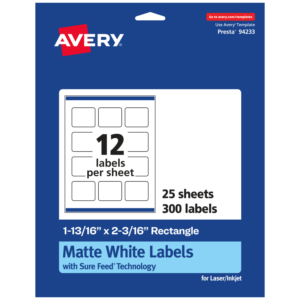 Avery Permanent Labels With Sure Feed, 94233-WMP25, Rectangle, 1-13/16in x 2-3/16in, White, Pack Of 300 MPN:94233-WMP25