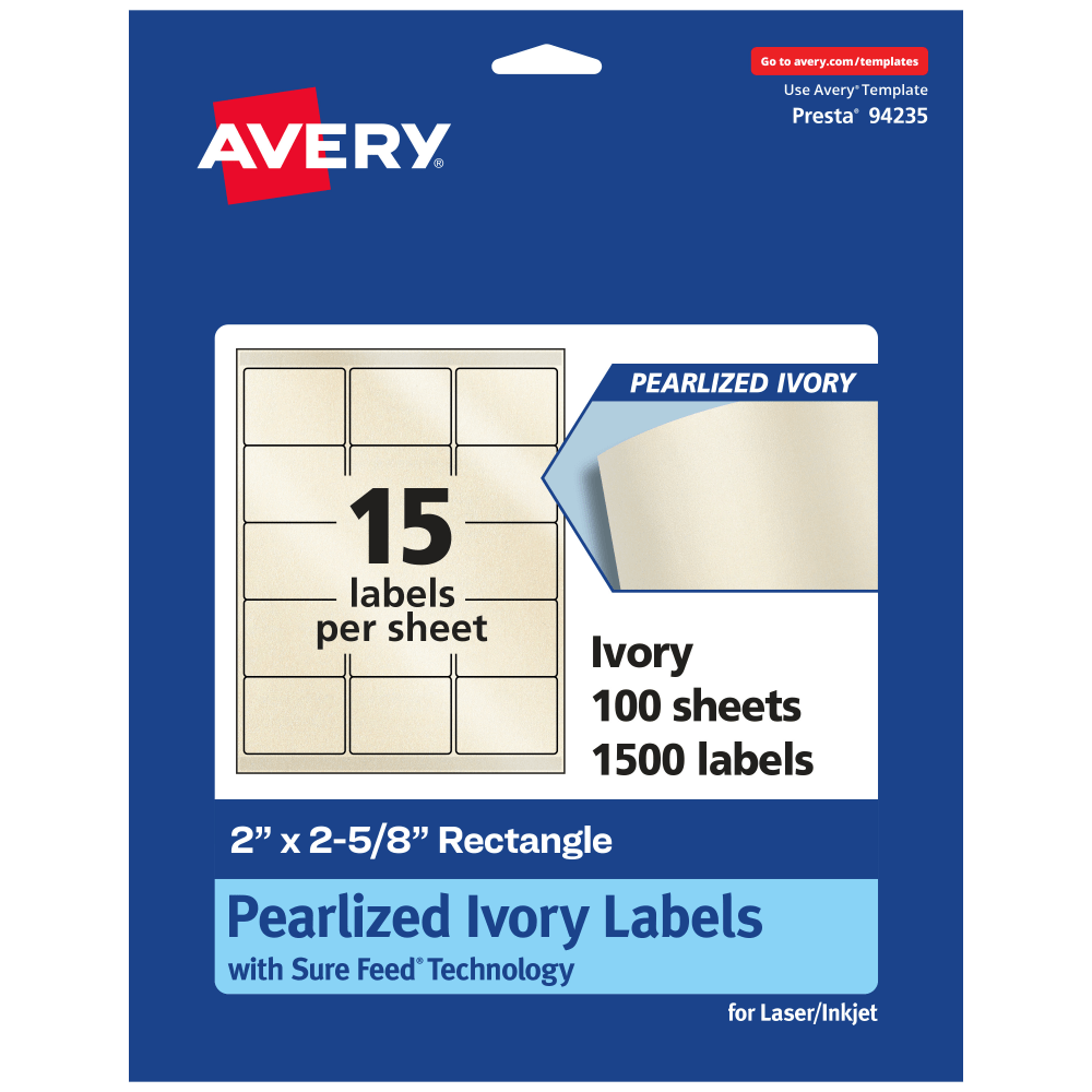 Avery Pearlized Permanent Labels With Sure Feed, 94235-PIP100, Rectangle, 2in x 2-5/8in, Ivory, Pack Of 1, 500 Labels MPN:94235-PIP100
