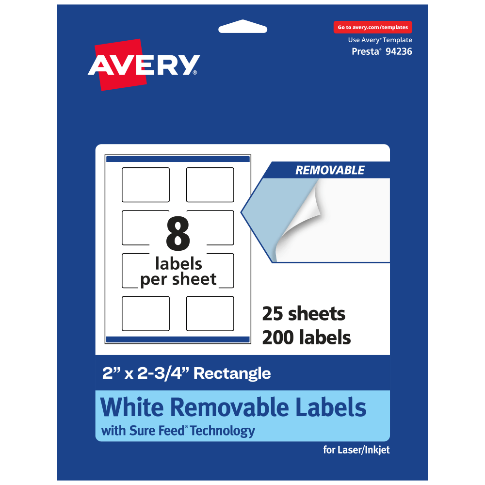 Avery Removable Labels With Sure Feed, 94236-RMP25, Rectangle, 2in x 2-3/4in, White, Pack Of 200 Labels MPN:94236-RMP25