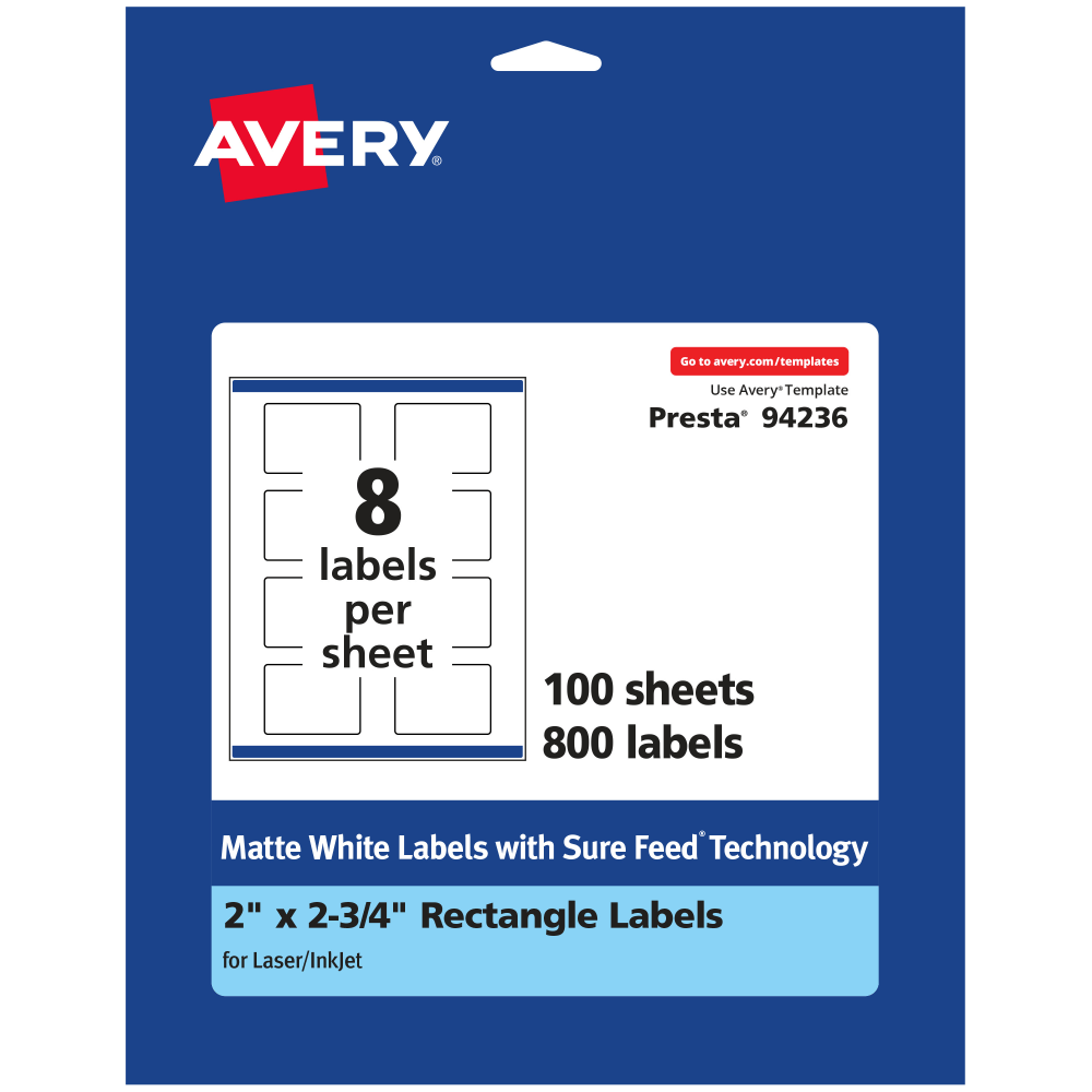 Avery Permanent Labels With Sure Feed, 94236-WMP100, Rectangle, 2in x 2-3/4in, White, Pack Of 800 MPN:94236-WMP100