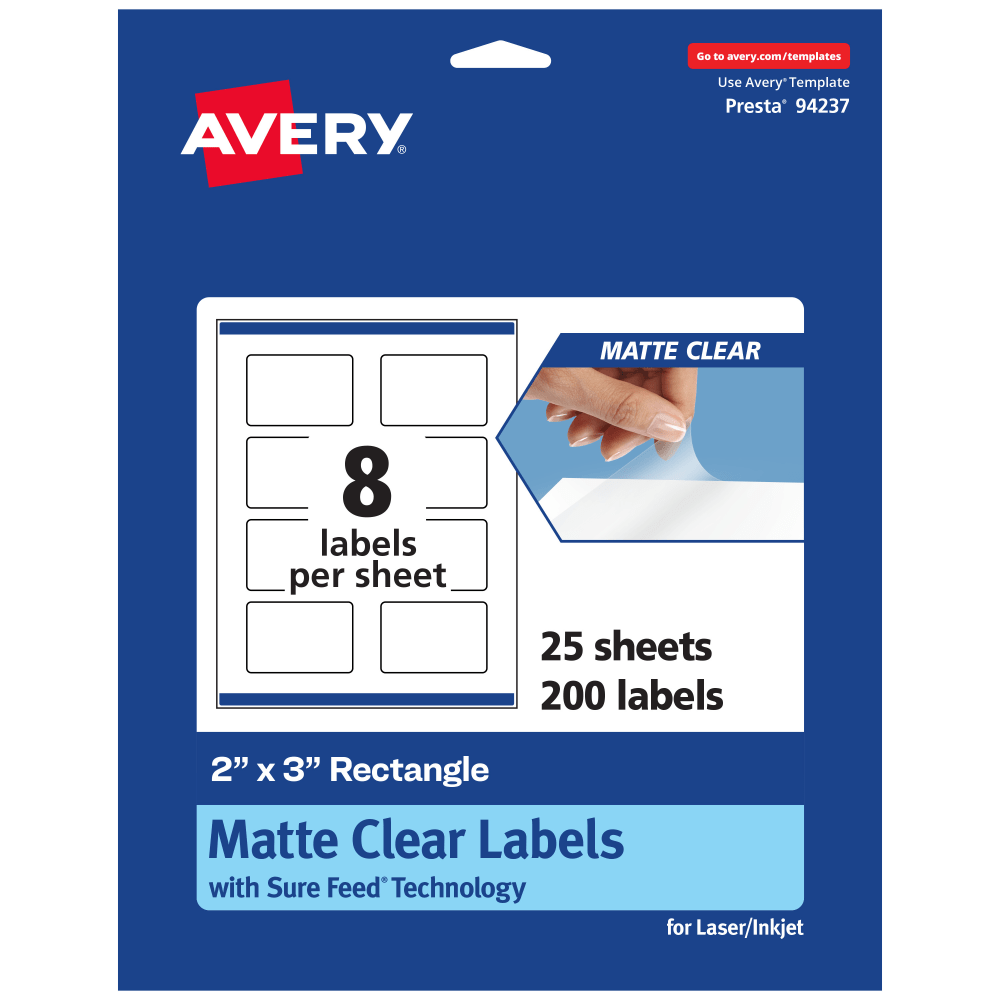 Avery Permanent Labels With Sure Feed, 94237-CMF25, Rectangle, 2in x 3in, Matte Clear, Pack Of 200 MPN:94237-CMF25