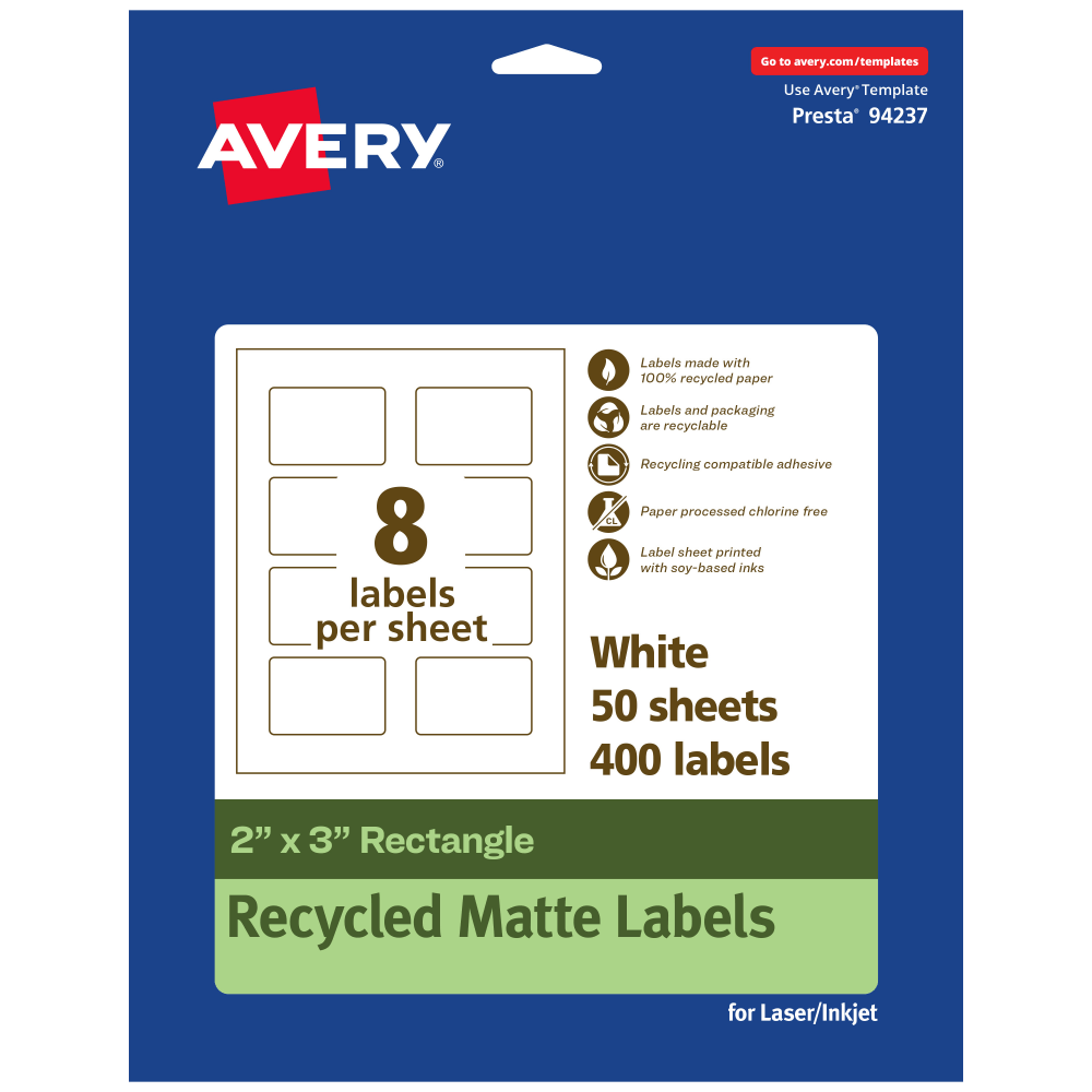 Avery Recycled Paper Labels, 94237-EWMP50, Rectangle, 2in x 3in, White, Pack Of 400 MPN:94237-EWMP50