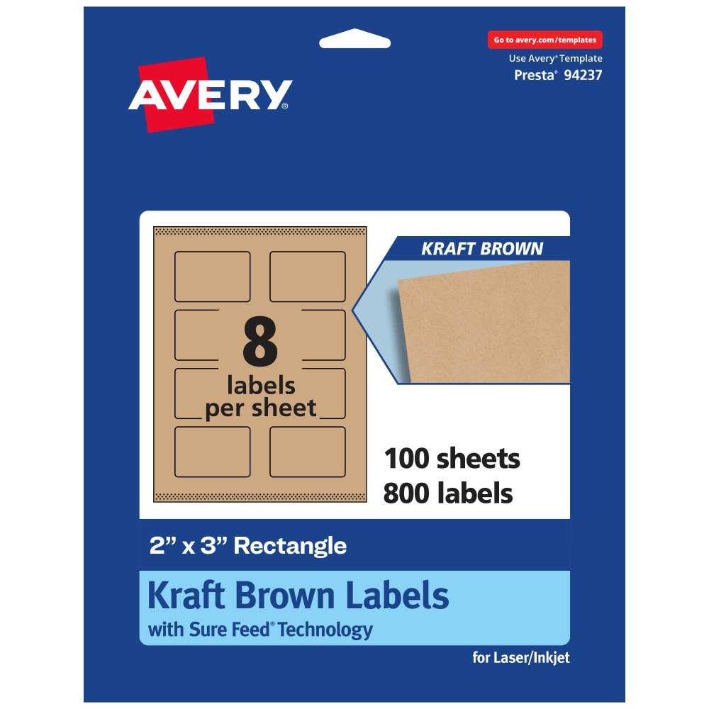 Avery Kraft Permanent Labels With Sure Feed, 94237-KMP100, Rectangle, 2in x 3in, Brown, Pack Of 800 MPN:94237-KMP100