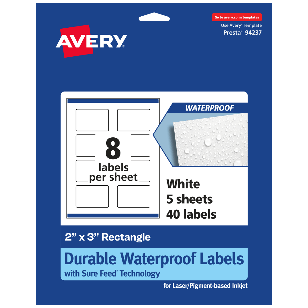 Avery Waterproof Permanent Labels With Sure Feed, 94237-WMF5, Rectangle, 2in x 3in, White, Pack Of 40 MPN:94237-WMF5