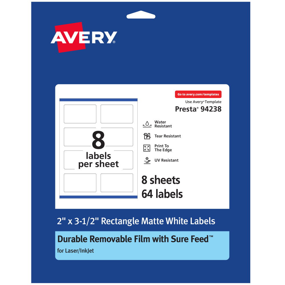Avery Durable Removable Labels With Sure Feed, 94238-DRF8, Rectangle, 2in x 3-1/2in, White, Pack Of 64 MPN:94238-DRF8