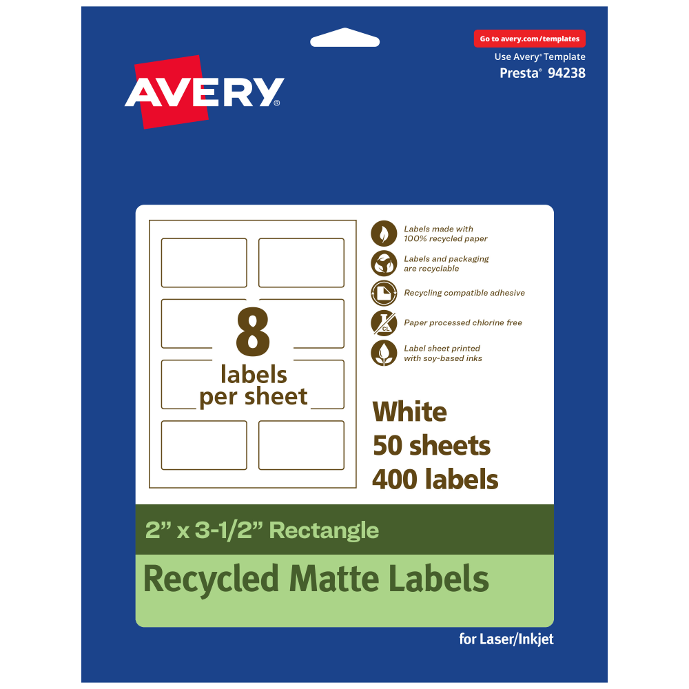 Avery Recycled Paper Labels, 94238-EWMP50, Rectangle, 2in x 3-1/2in, White, Pack Of 400 MPN:94238-EWMP50