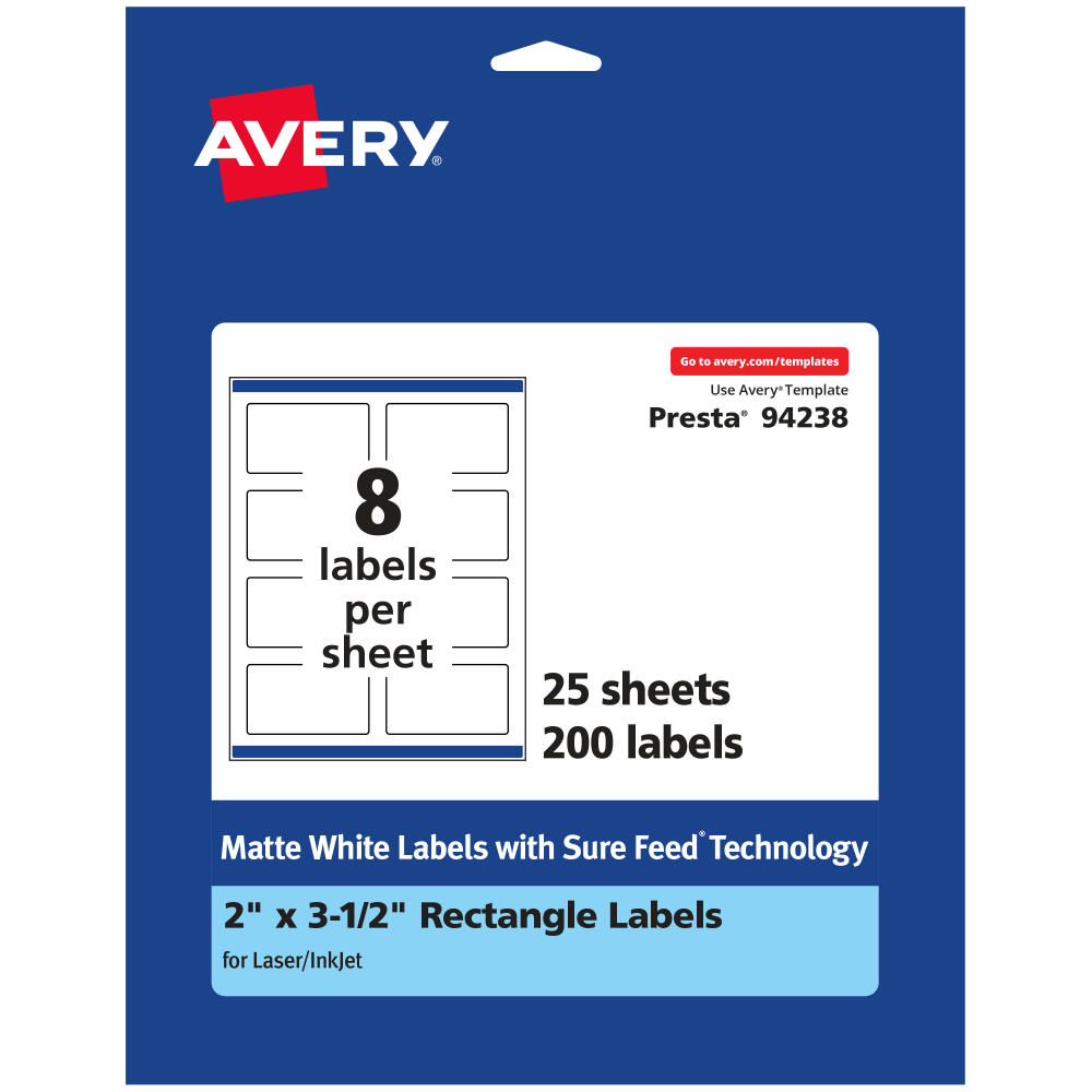 Avery Permanent Labels With Sure Feed, 94238-WMP25, Rectangle, 2in x 3-1/2in, White, Pack Of 200 MPN:94238-WMP25