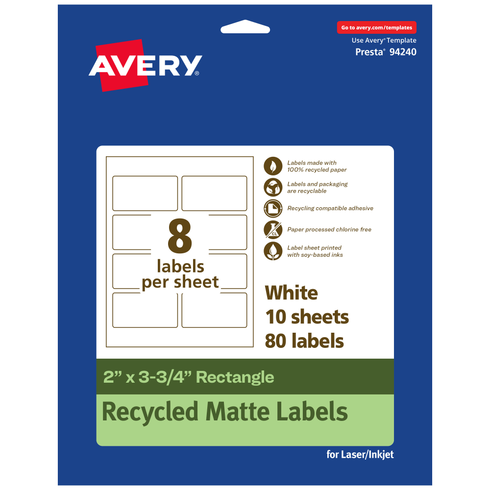 Avery Recycled Paper Labels, 94240-EWMP10, Rectangle, 2in x 3-3/4in, White, Pack Of 80 MPN:94240-EWMP10