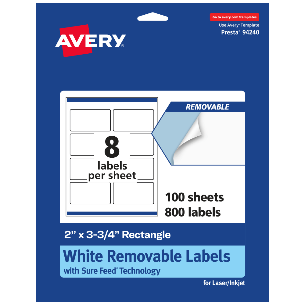 Avery Removable Labels With Sure Feed, 94240-RMP100, Rectangle, 2in x 3-3/4in, White, Pack Of 800 Labels MPN:94240-RMP100