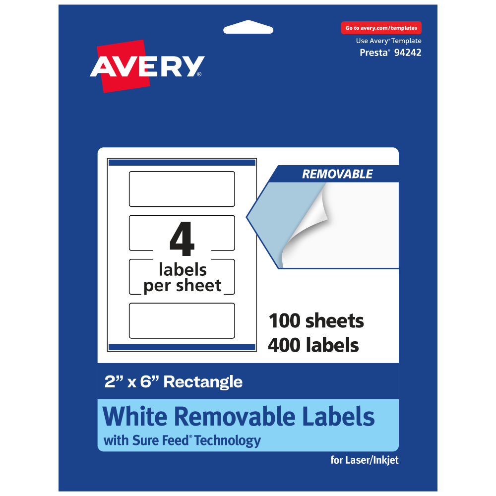Avery Removable Labels With Sure Feed, 94242-RMP100, Rectangle, 2in x 6in, White, Pack Of 400 Labels MPN:94242-RMP100