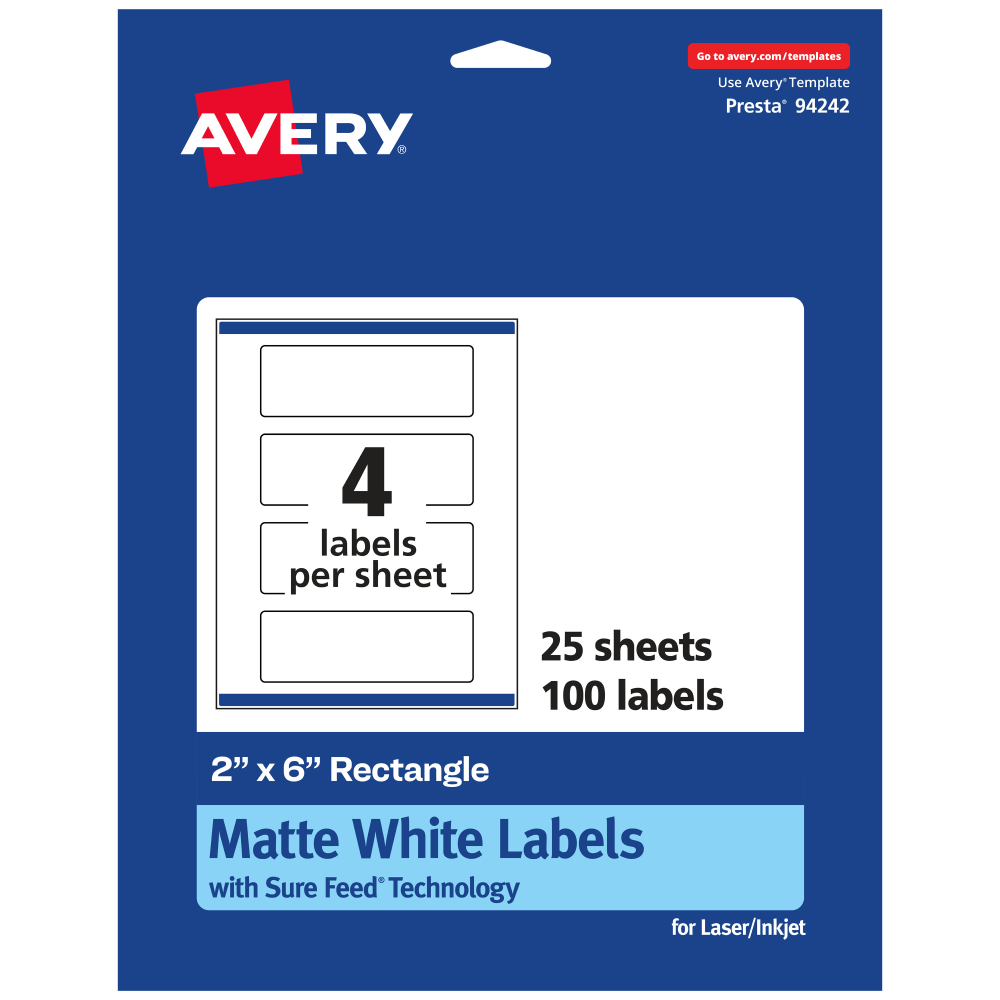 Avery Permanent Labels With Sure Feed, 94242-WMP25, Rectangle, 2in x 6in, White, Pack Of 100 MPN:94242-WMP25