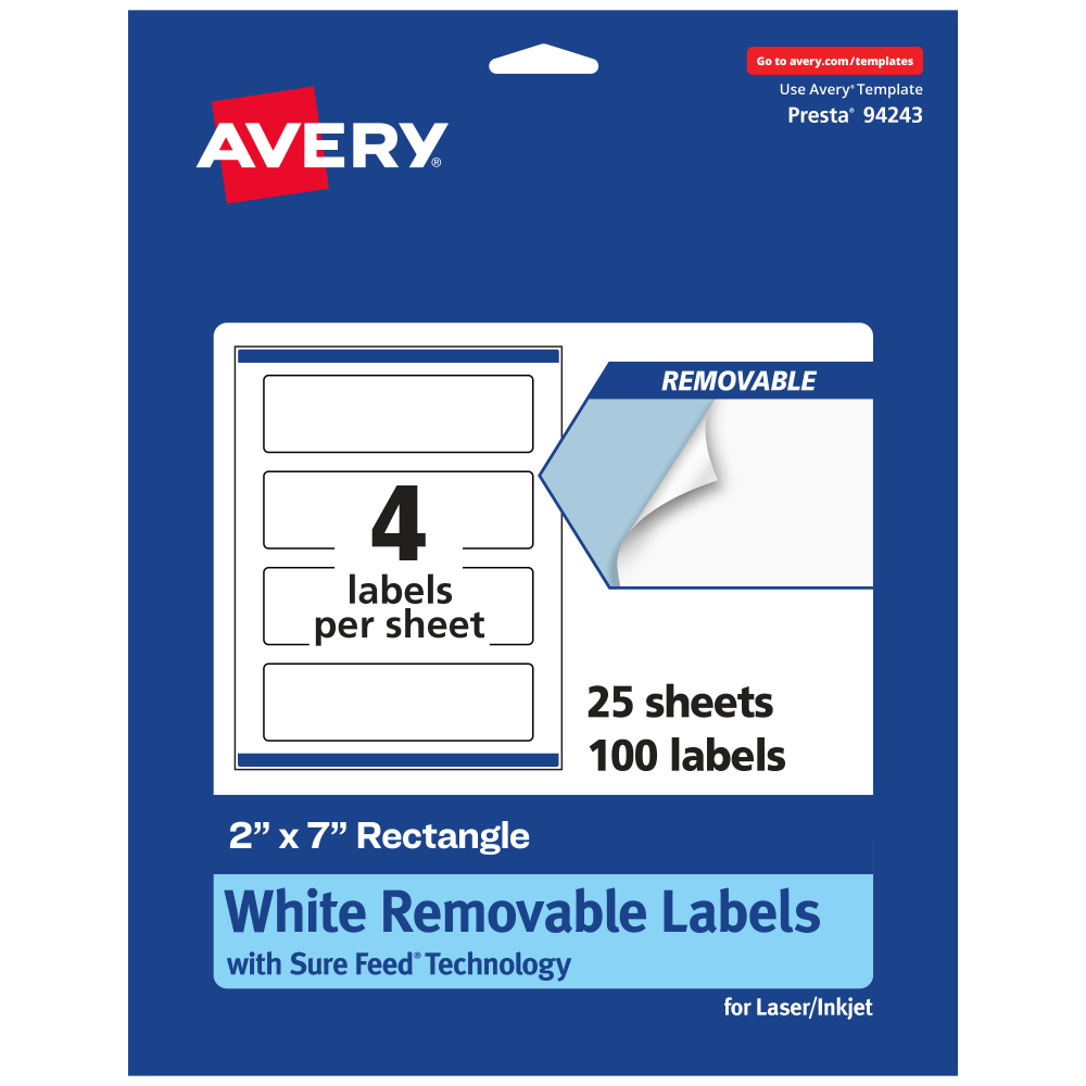 Avery Removable Labels With Sure Feed, 94243-RMP25, Rectangle, 2in x 7in, White, Pack Of 100 Labels MPN:94243-RMP25