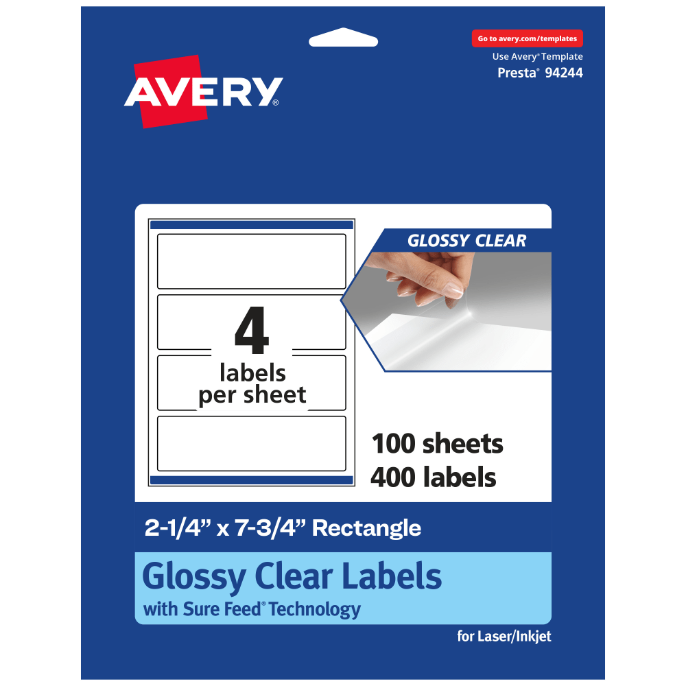 Avery Glossy Permanent Labels With Sure Feed, 94244-CGF100, Rectangle, 2-1/4in x 7-3/4in, Clear, Pack Of 400 MPN:94244-CGF100