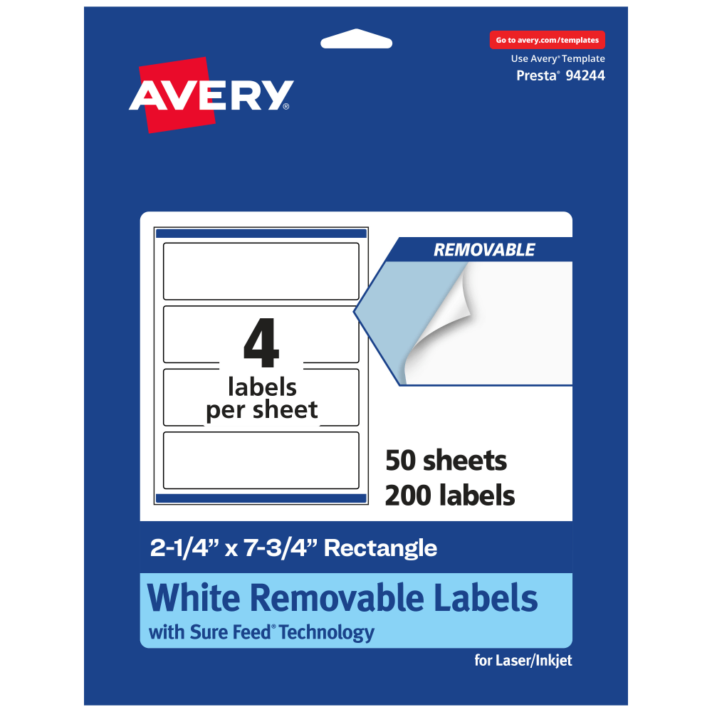 Avery Removable Labels With Sure Feed, 94244-RMP50, Rectangle, 2-1/4in x 7-3/4in, White, Pack Of 200 Labels MPN:94244-RMP50