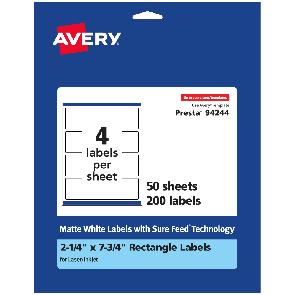 Avery Permanent Labels With Sure Feed, 94244-WMP50, Rectangle, 2-1/4in x 7-3/4in, White, Pack Of 200 MPN:94244-WMP50