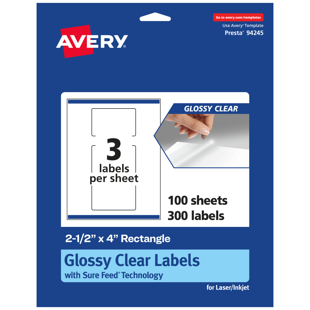Avery Glossy Permanent Labels With Sure Feed, 94245-CGF100, Rectangle, 2-1/2in x 4in, Clear, Pack Of 300 MPN:94245-CGF100