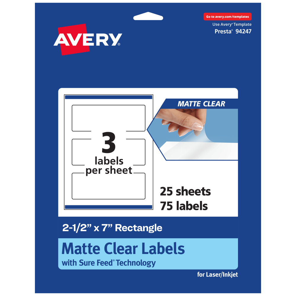 Avery Permanent Labels With Sure Feed, 94247-CMF25, Rectangle, 2-1/2in x 7in, Matte Clear, Pack Of 75 MPN:94247-CMF25